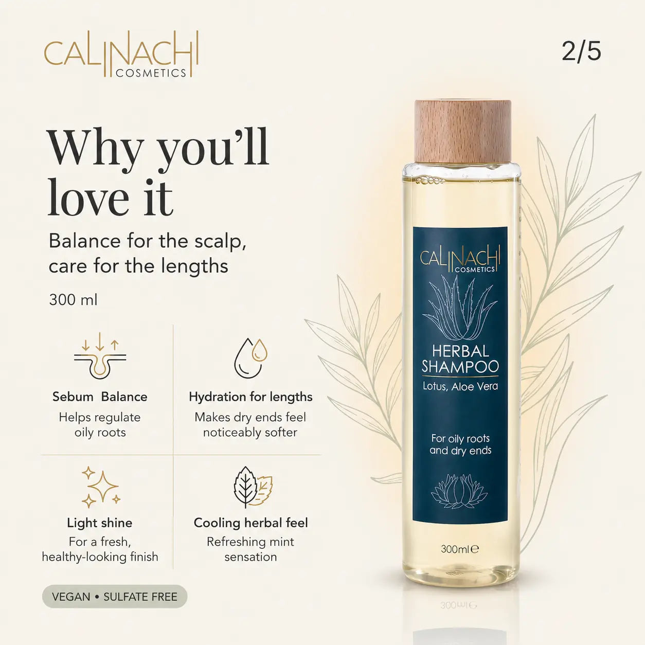Oily Scalp and Dry Ends Herbal Shampoo, Sulfate free, 300ml. haircare CALINACHI Cosmetics